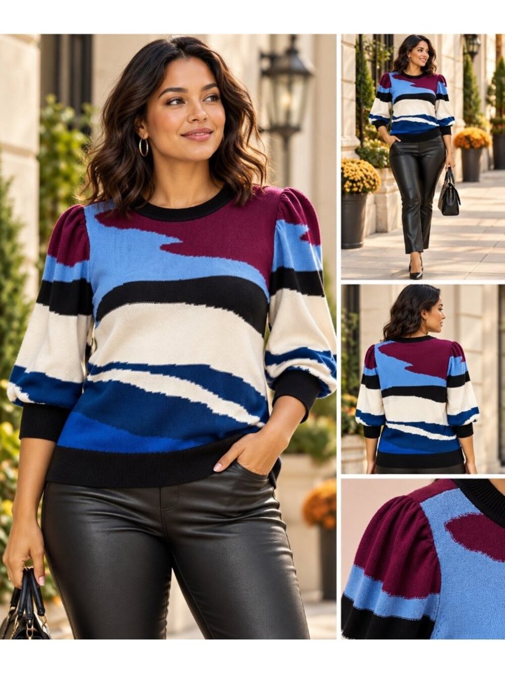 DKNY Women's Medium Abstract Colorblock Puff Sleeve Knit Sweater NWT
